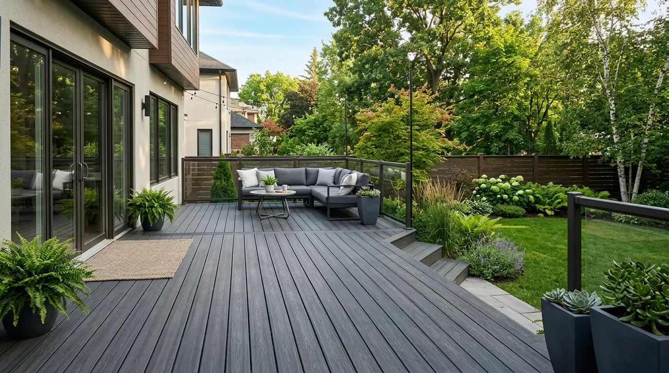 Composite deck with glass railing