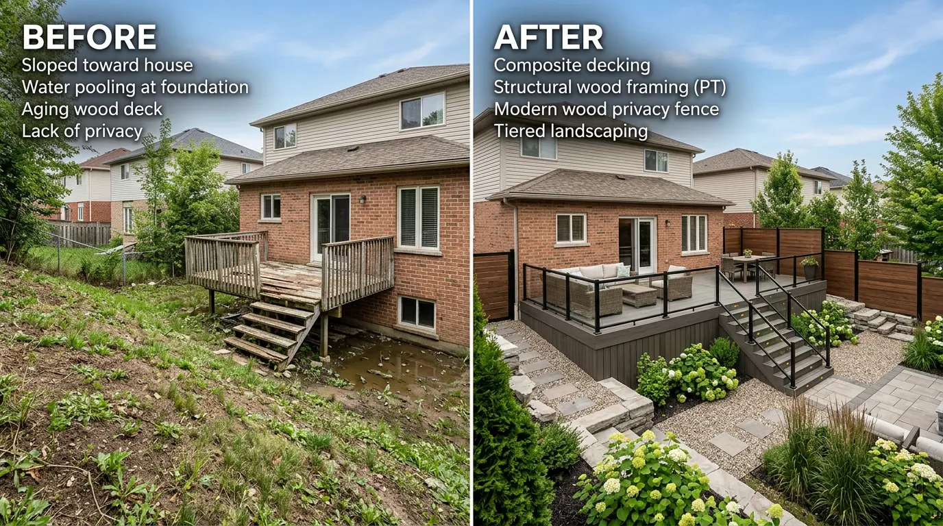 Before and after of backyard deck transformation